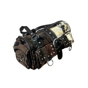 Y2K Patchwork Barrel Handbag Boho Snake Print Studded Buckle Shoulder Bag